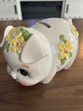 Ceramic Piggy Bank with Yellow Flower Accents